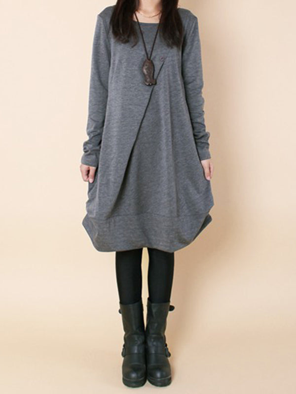 A-line Long Sleeves Pleated Color Round-neck Dresses Maxi Dresses