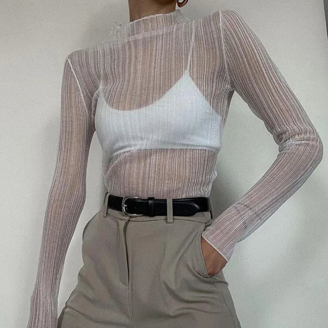 Fall See Through Long Sleeve Mock Neck Tops T-shirts Tees Slim Clothes