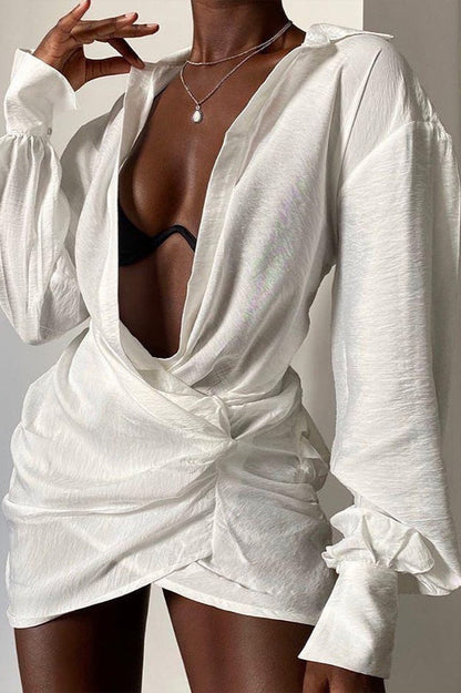 Long Sleeve Shirt Deep V Linen Mini Dress