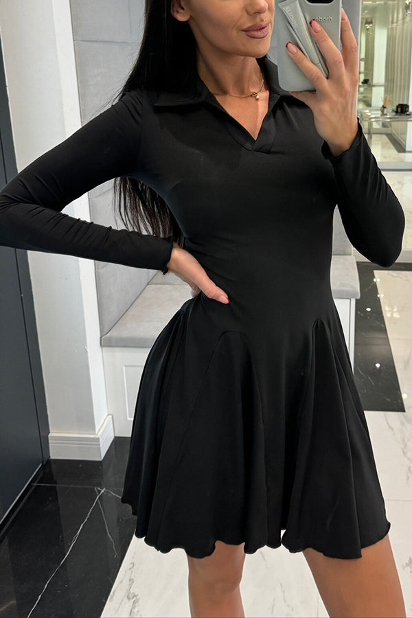 Color Lapel Long Sleeve Slim Fit Waist Mini Dress