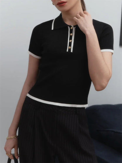 Knit Sweater Pullover Short Sleeve Patchwork Slim Lapel Contrast Knitwear Top Female Skinny Ribbed Pullover