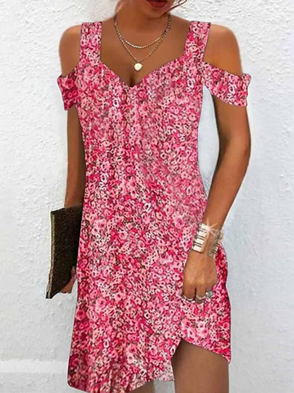 A-line High Waisted Flower Print Hollow Cold Shoulder Mini Dresses