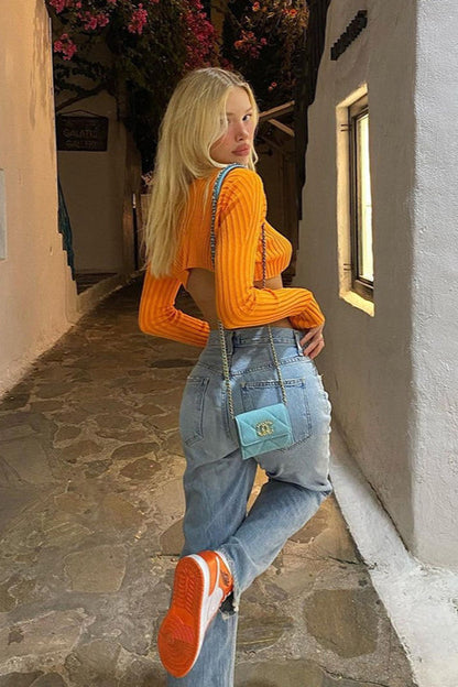 Color Cropped Long Sleeve Knit Cardigan