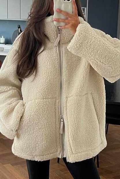 Color Stitching High Collar Long Sleeve Loose Pocket Woolen Coat