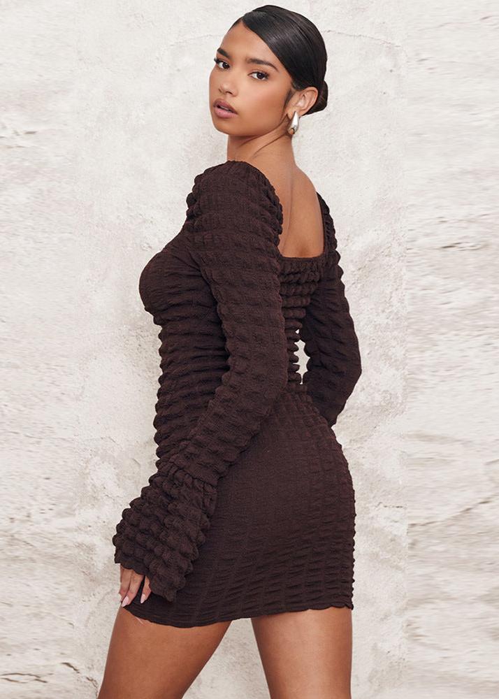 Seersucker Flared Sleeve Dress With Hollow Chest