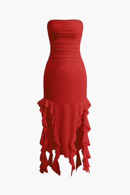 Color French Ruffle Hem Ruched Tube Maxi Dress