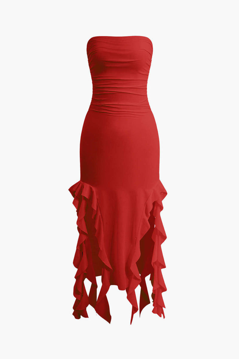 Color French Ruffle Hem Ruched Tube Maxi Dress