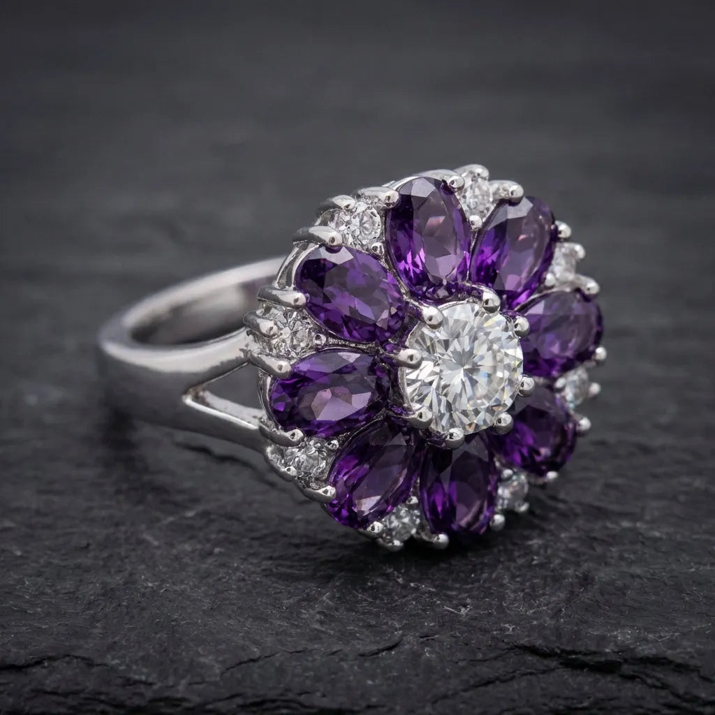 Crystal Purple Stone Sun Flower Engagement Ring