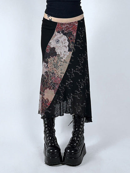 Dark Flower Print Splice Irregular Design Low Waist Midi Skirt