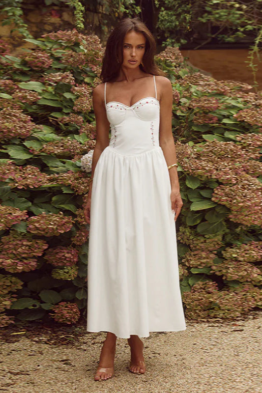 Embroidered Waist-cinched A-line Maxi Dress