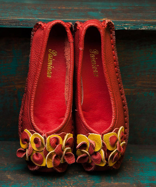 Mulberr Cowhide Splicing Flower Flat Shoes for
