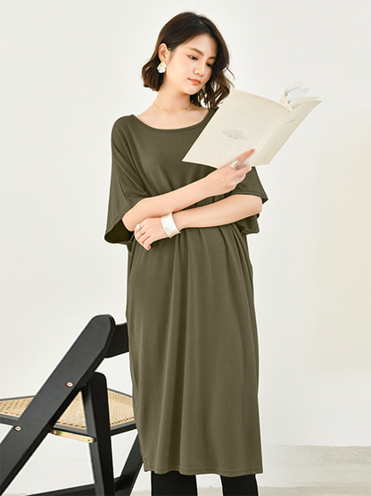 Batwing Half Sleeves Color Round-neck Midi Dresses