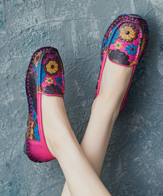 Rose Cowhide Leather Embossed Handmade Flat Feet Shoes