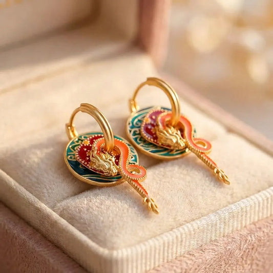 Classic Gold Colorful Dragon & Flame Design Earrings