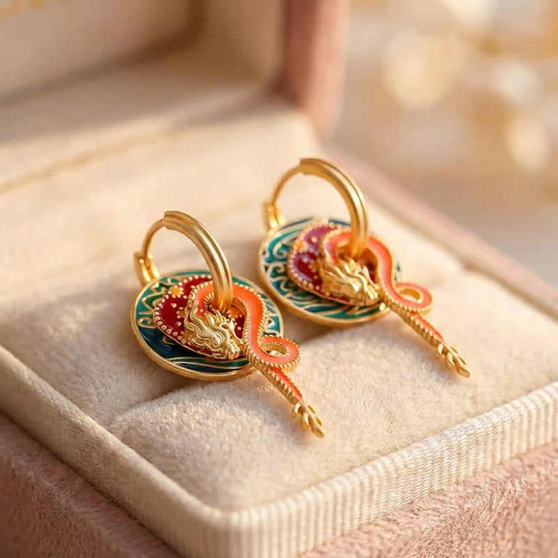 Classic Gold Colorful Dragon & Flame Design Earrings