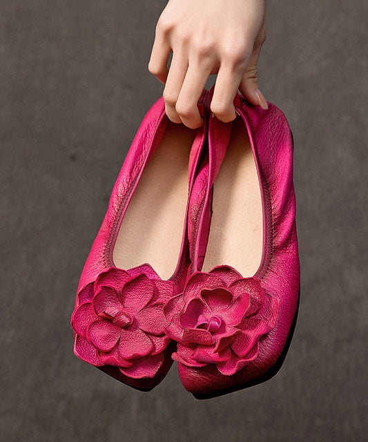 Soft Rose Cowhide Leather Embossed Flat Shoes for
