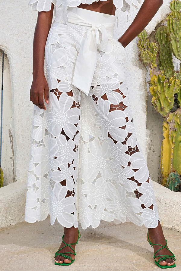 Redefining Elegance Lace Cropped Shirt and Belt Pocketed Wide Leg Pants Set
