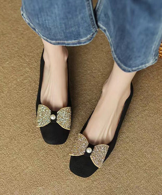 Black Soft Comfy Bow Zircon Splicing Flats