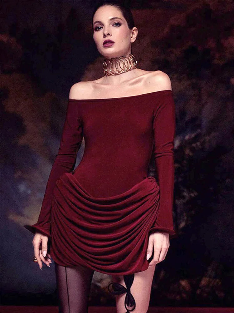 Pleated Mini Dress ’s Off-shoulder High Waist Long Sleeve Party Dress Female Bodycon Dress