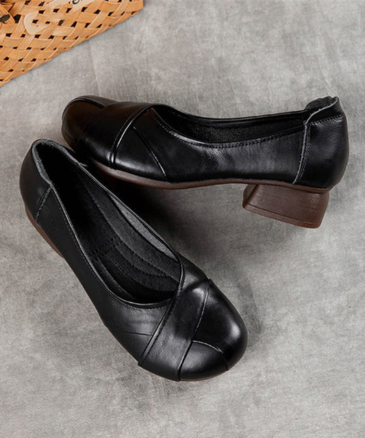 Cross Strap Chunky Flat Shoes for Black Cowhide Leather