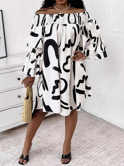 Flared Sleeves Long Sleeves Elasticity Falbala Printed Off-the-shoulder Midi Dresses