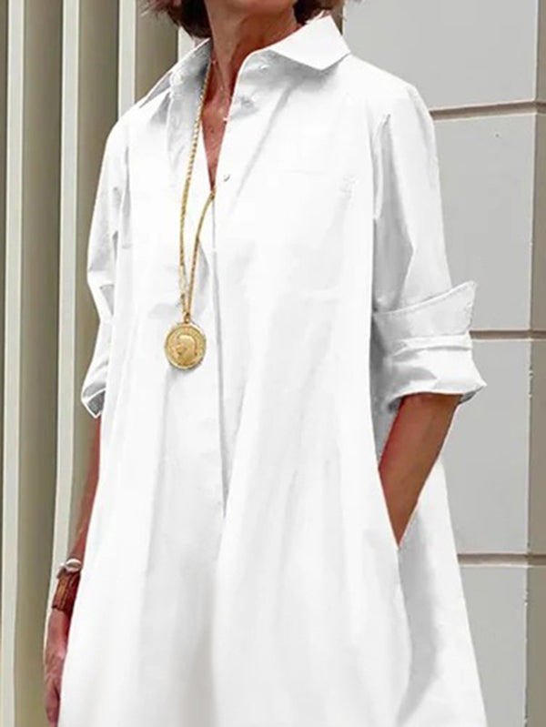 Long Sleeves Loose Pleated Ruffled Color Split-joint Lapel Midi Dresses Shirt Dress