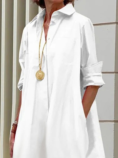 Long Sleeves Loose Pleated Ruffled Color Split-joint Lapel Midi Dresses Shirt Dress