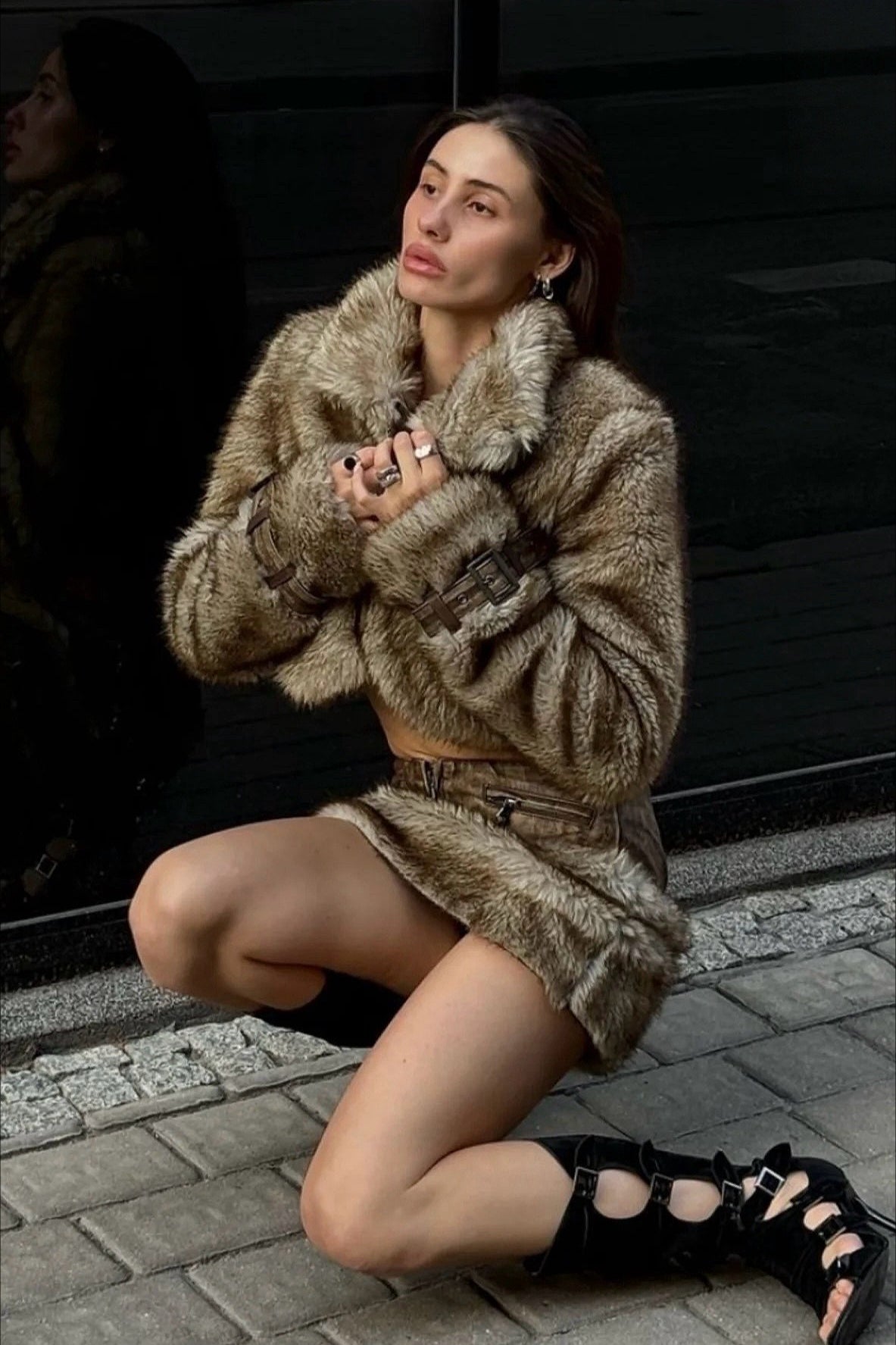 Cropped Patchwork Stand Collar Coat