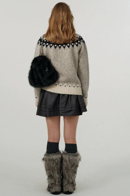 Color Block Turn-down Collar Loose Sweater