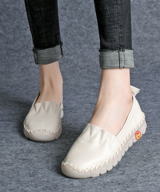 Beige Platform Flat Shoes for Cowhide Leather
