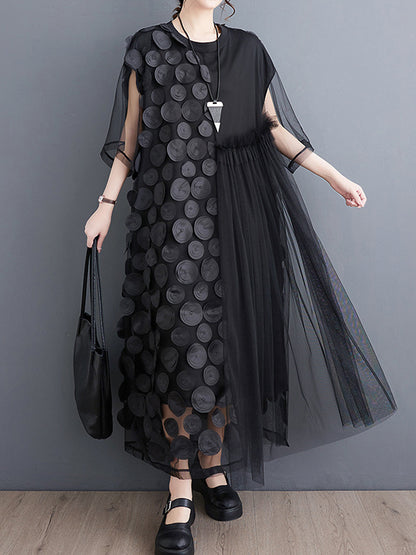 Loose Short Sleeves Asymmetric Gauze Split-joint Round-neck Midi Dresses