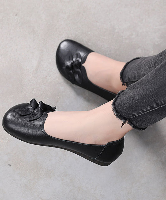 Black Bow Flat Shoes for Handmade Cowhide Leather Flat Shoes