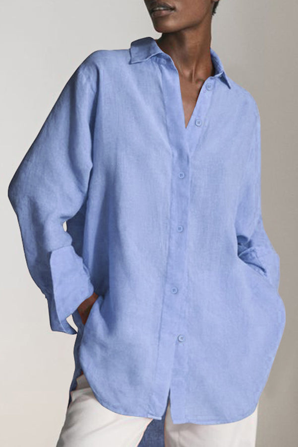 Reality Calling Linen Blend Button Long Sleeve Loose Blouse