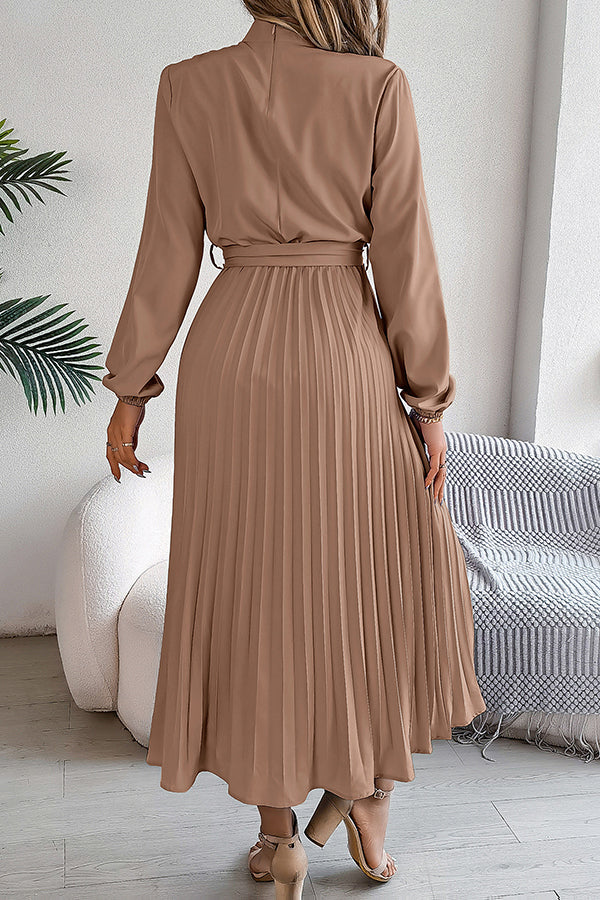 Stand-collar Long-sleeve Waisted Tie-up Pleated Midi Dress
