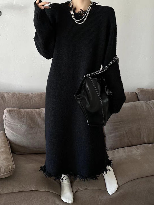 High Waisted Long Sleeves Fringed Color Round-neck Midi Dresses Sweater Dresses