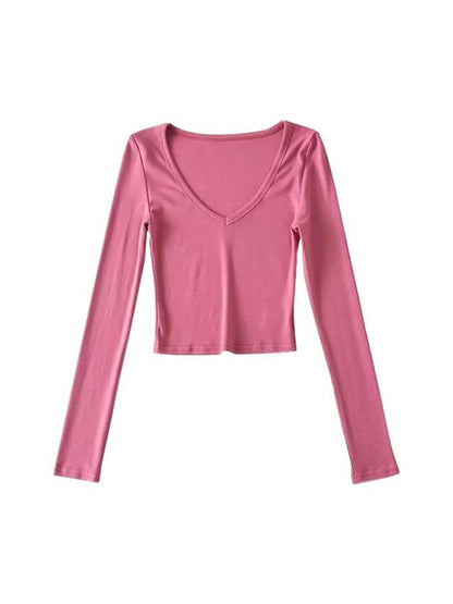 ’s Crop Tops Spring and Autumn Long-sleeved V-neck Cropped Top Bottoming Shirt T-shirt Tops