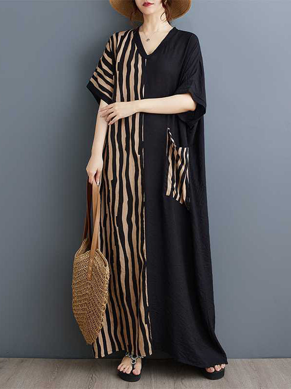 A-line Batwing Sleeves Contrast Color Pockets Split-joint Striped V-neck Maxi Dresses
