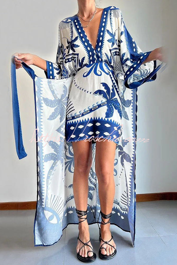 Palm Tree Print Fake Two Piece Lace Up Maxi Dress