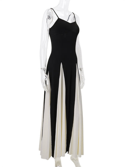 High Waisted Sleeveless Backless Contrast Color Pleated Split-joint Spaghetti-neck Maxi Dresses