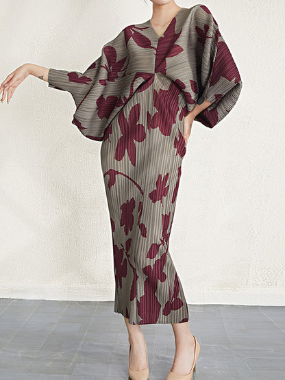 Batwing Sleeves Loose Pleated Printed V-neck Midi Dresses