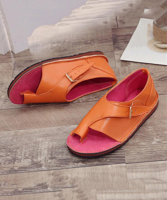 Orange Cowhide Splicing Leather Flat Sandals