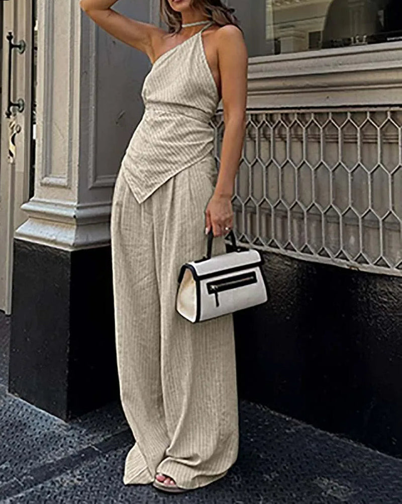 Apricot Print Halter Lace-up Pants Office Two Piece Set
