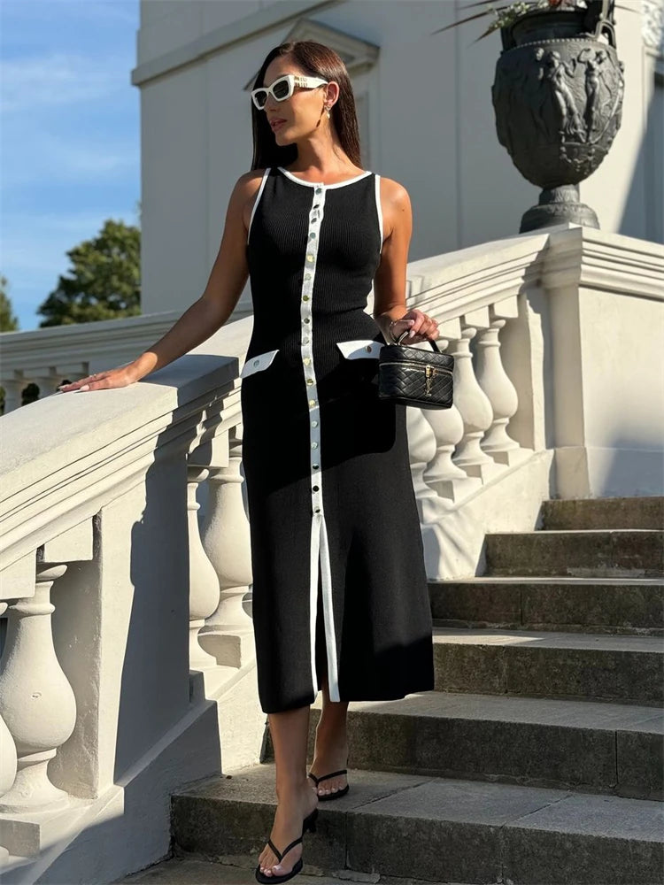 Knit Ribbed Cardigan Maxi Dress Female High Waist Slim Pocket Sleeveless Party Dress ’s Knitwear Long Dress