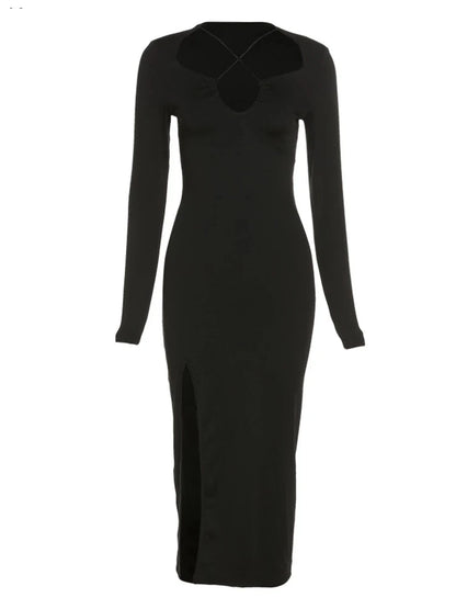 Autumn Crossed Cleavage Maxi Dress Concise Side Spilt Vestido Lady High Street Bodycon Slim Robe Skirt