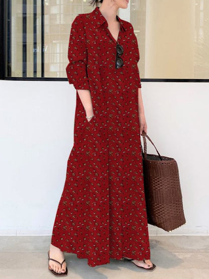 Printed Lapel Long Sleeve Shirt Maxi Dress