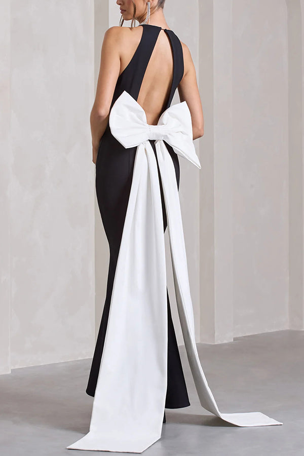 Statement Racer Neck Back Oversized Bow Hem Backless Maxi Dress