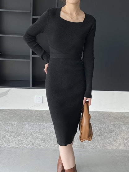 Simple Skinny Long Sleeves Color Square-neck Sweater Dresses