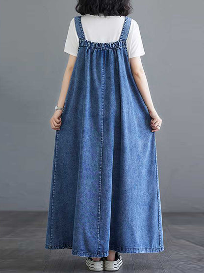 A-line Loose Pleated Pockets Split-joint Spaghetti-neck Maxi Dresses Suspender Dress
