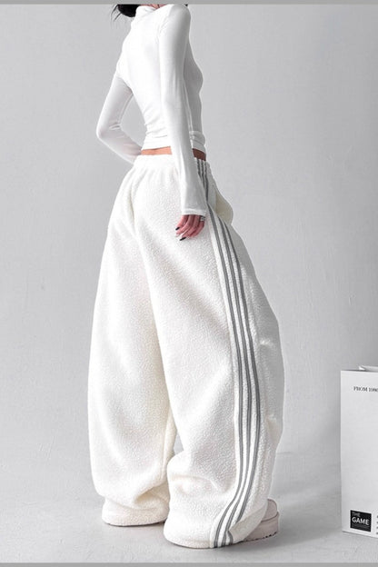 Sporty Plush Wide-leg Striped Pants