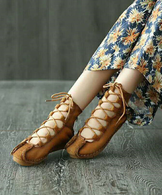 Lace Up Splicing Flat Shoes Khaki Cowhide Leather